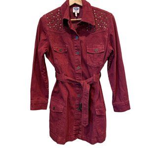 Vintage DG2 Belted Embellished Denim Dress Jacket Burgundy Western Cowgirl